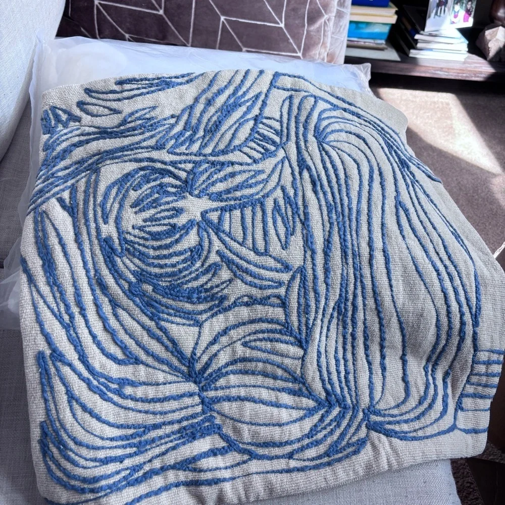 Bloomingville, Natural and Blue Azure Lines Embroidered Cotton Pillow 20 x 20”